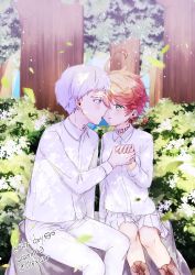 Rule 34 | 1girl, absurdres, ahoge, black hair, emma (yakusoku no neverland), forest, green eyes, highres, kiss, long sleeves, looking at viewer, nature, neck tattoo, norman (yakusoku no neverland), number tattoo, open mouth, orange hair, pants, shirt, short hair, simple background, smile, tattoo, tp82n1r, white hair, white shirt, yakusoku no neverland