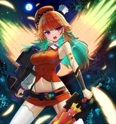 Rule 34 | 1girl, absurdres, aqua hair, asymmetrical sleeves, beret, breasts, chef hat, commentary request, detached sleeves, dual wielding, feathers, fiery wings, full moon, hat, highres, holding, holding shield, holding sword, holding weapon, hololive, hololive english, inari (ambercrown), long sleeves, looking at viewer, medium breasts, midriff, moon, multicolored hair, navel, night, open mouth, orange hair, orange hat, orange shirt, orange skirt, puffy long sleeves, puffy sleeves, purple eyes, shield, shirt, skirt, sleeveless, sleeveless shirt, solo, stomach, sword, takanashi kiara, takanashi kiara (1st costume), thighhighs, two-tone hair, uneven sleeves, virtual youtuber, weapon, white hat, white thighhighs, wings