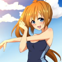Rule 34 | 10s, 1girl, bare shoulders, blue eyes, blush, brown hair, cloud, day, hana (hn nzm), long hair, looking at viewer, love live!, love live! school idol festival, one-piece swimsuit, open mouth, ponytail, sky, solo, standing, suda iruka, swimsuit