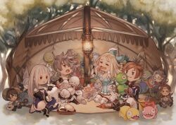 Rule 34 | 2boys, 2girls, blonde hair, blue bow, blue dress, bow, bravely default (series), bravely second: end layer, brown hair, cake, character doll, character request, closed mouth, dress, edea lee, food, full body, hair bow, holding, holding scissors, holding stuffed toy, irono16, lamp, long hair, looking at another, magnolia arch, multiple boys, multiple girls, open mouth, red eyes, scissors, sharp teeth, short hair, sitting, smile, stuffed animal, stuffed toy, teeth, tent, tiz arrior, tree, white hair, yew geneolgia