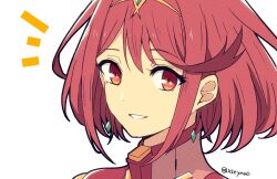 Rule 34 | 1girl, bob cut, close-up, dangle earrings, earrings, highres, jewelry, looking at viewer, mochimochi (xseynao), pyra (xenoblade), red eyes, red hair, short hair, short sleeves, smile, swept bangs, teeth, tiara, xenoblade chronicles (series), xenoblade chronicles 2
