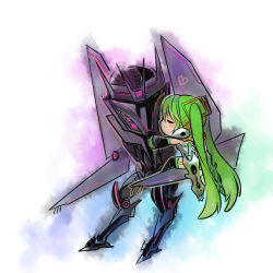 Rule 34 | 1girl, blush, chibi, closed mouth, crossover, hatsune miku, helmet, hug, kiss, long hair, machinery, rkp, simple background, size difference, soundwave (transformers), transformers, transformers prime, very long hair, vocaloid, white background
