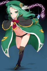 Rule 34 | 1girl, belt, belt buckle, between fingers, black belt, black footwear, blush, boots, bow, breasts, buckle, card, chain, coat, commentary request, criminal girls, full body, gluteal fold, green coat, green eyes, green hair, groin, highres, holding, holding card, knee boots, leaning forward, long hair, long sleeves, looking at viewer, navel, night, night sky, panties, parted bangs, parted lips, purple panties, rai (sakuranbo sugar), red bow, shin (criminal girls), sky, sleeves past wrists, small breasts, solo, standing, standing on one leg, star (sky), starry sky, underwear