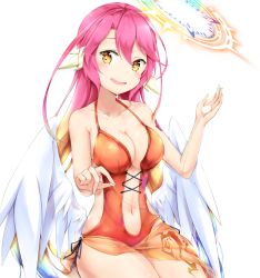 Rule 34 | 1girl, blue hair, blush, breasts, collarbone, spiked halo, feathered wings, hair between eyes, halo, halterneck, head tilt, ikasoke (likerm6au), jibril (no game no life), long hair, looking at viewer, lotion, medium breasts, multicolored hair, navel, no game no life, one-piece swimsuit, open mouth, orange eyes, orange hair, orange one-piece swimsuit, pink hair, sarong, sitting, smile, solo, sunscreen, swimsuit, tattoo, very long hair, white wings, wings