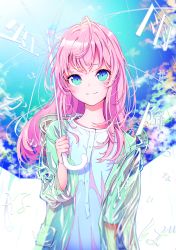 Rule 34 | 1girl, absurdres, ahoge, blue eyes, blue shirt, commentary request, highres, holding, holding umbrella, huge ahoge, huge filesize, long hair, looking at viewer, messy hair, muto (n0sug4r), original, parasol, pink hair, raincoat, see-through, shirt, sidelocks, smile, solo, translation request, umbrella, wide sleeves