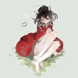 Rule 34 | 1girl, animal ears, bell, black hair, cape, closed mouth, feet, full body, glasses, grass, grey background, happybiirthd, highres, horizontal pupils, horns, looking at viewer, medium hair, no shoes, original, pantyhose, red cape, red eyes, round eyewear, simple background, sitting, sketch, solo, white pantyhose