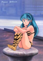 Rule 34 | 1girl, animal print, bare shoulders, bikini, blue eyes, boots, breasts, copyright name, crossed arms, dorsiflexion, eyeshadow, folded, full body, green hair, highres, horns, hugging own legs, knees to chest, legs together, long hair, looking at viewer, lum, makeup, ocean, oni, parted lips, pointy ears, rock, sitting, solo, swimsuit, tiger print, urusei yatsura