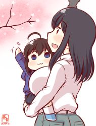 Rule 34 | 2girls, :3, ahoge, alternate costume, black hair, blue eyes, blue hoodie, blush, carrying, cherry blossoms, commentary request, hair ornament, hood, hood down, hoodie, kanon (kurogane knights), kantai collection, long sleeves, multiple girls, one-hour drawing challenge, open mouth, red eyes, shigure (kancolle), short hair, smile, spring (season), sweater, turtleneck, turtleneck sweater, white sweater, yamashiro (kancolle), aged down