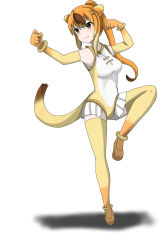 Rule 34 | 10s, animal ears, bare shoulders, bracelet, elbow gloves, fighting stance, frilled leotard, frills, gloves, golden snub-nosed monkey (kemono friends), highres, jewelry, kemono friends, leotard, long hair, monkey ears, monkey tail, multicolored hair, smile, standing, standing on one leg, tail, thighhighs, user rrrm2784, v-shaped eyebrows