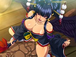 Rule 34 | 1girl, bare shoulders, black hair, black wings, blunt bangs, breasts, censored, clothed female nude male, collarbone, dead or alive, dead or alive 5, feathered wings, girl on top, hair ornament, hair stick, hairpin, hand fan, japanese clothes, large breasts, makeup, mole, mole under mouth, naughty face, nude, nyotengu, penis, purple eyes, raburebo, thighs, tongue, tongue out, wings
