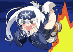 Rule 34 | 10s, 1girl, @ @, ainu clothes, bandages, bandaged leg, bandages, bandana, blush, boots, explosion, fur-trimmed boots, fur trim, gloves, kamoi (kancolle), kantai collection, long hair, long sleeves, maku-raku, open mouth, solo, torn clothes, wavy mouth, white hair
