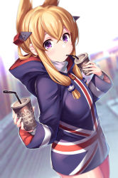 Rule 34 | 1girl, akanagi youto, alternate costume, azur lane, blonde hair, blue hoodie, blurry, blurry background, casual, commentary, contemporary, cowboy shot, cup, disposable cup, drinking, drinking straw, dutch angle, flag print, hair between eyes, hair ornament, highres, holding, holding cup, hood, hoodie, long hair, long sleeves, pantyhose, pink pantyhose, pointy hair, print hoodie, purple eyes, sidelocks, solo, standing, union jack, warspite (azur lane), wide sleeves