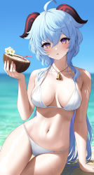 Rule 34 | 1girl, absurdres, ahoge, arm support, artist name, beach, bikini, blue hair, blurry, blurry background, blush, breasts, coconut, commentary, drink, drinking straw, ganyu (genshin impact), genshin impact, goat horns, hair between eyes, halterneck, hand up, highres, holding, holding drink, horns, jewelry, kohanayuki, large breasts, long hair, looking at viewer, multicolored eyes, navel, necklace, ocean, parted lips, purple eyes, sidelocks, sitting, solo, stomach, sweat, swimsuit, thigh gap, thighs, very long hair, white bikini, yellow eyes