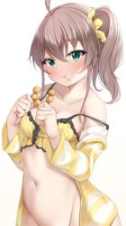 Rule 34 | 1girl, bottomless, breasts, brown hair, camisole, cleavage, collarbone, cowboy shot, eating, food, food on face, green eyes, hair between eyes, highres, holding, holding food, hololive, jacket, lomocya, medium hair, natsuiro matsuri, natsuiro matsuri (matsuri&#039;s day off), navel, off shoulder, side ponytail, simple background, sleepwear, small breasts, solo, standing, striped clothes, striped jacket, virtual youtuber, white background, yellow jacket