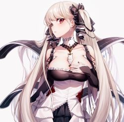Rule 34 | 1girl, absurdly long hair, absurdres, azur lane, black nails, blush, breasts, cleavage, collar, collarbone, corset, formidable (azur lane), frills, hair ribbon, highres, inchangboy2, large breasts, long hair, looking at viewer, nail polish, necktie, neckwear between breasts, parted lips, platinum blonde hair, red eyes, ribbon, short necktie, solo, twintails, two-tone dress, two-tone ribbon, very long hair, white ribbon