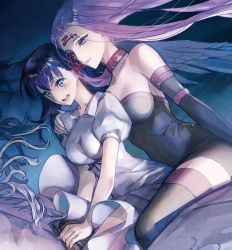 Rule 34 | 2girls, :d, absurdres, bare shoulders, black dress, black thighhighs, blush, breasts, closed mouth, collar, detached sleeves, dress, dutch angle, facial mark, fate/stay night, fate (series), female focus, floating hair, flying, forehead mark, grey eyes, hair ribbon, hand on another&#039;s shoulder, happy, highres, horseback riding, large breasts, light purple hair, long hair, matou sakura, medusa (fate), medusa (rider) (fate), multiple girls, neck, official alternate costume, open mouth, out of frame, pegasus, puffy short sleeves, puffy sleeves, purple eyes, purple hair, ribbon, riding, short dress, short sleeves, smile, square pupils, strapless, strapless dress, thighhighs, tube dress, type-moon, white dress, wings, yamanaka kotetsu, yuri
