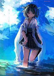 Rule 34 | 10s, 1girl, absurdres, female focus, hiei (kancolle), highres, kaamin (mariarose753), kantai collection, outdoors, partially submerged, short hair, smile, solo, twitter username, water