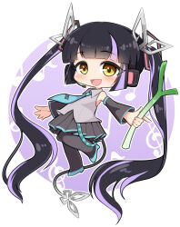 Rule 34 | 1girl, nanashi inc., :d, black hair, black pantyhose, black skirt, black sleeves, blue footwear, blue necktie, blunt bangs, blush, chibi, commentary request, cosplay, demon girl, demon horns, demon tail, detached sleeves, full body, grey shirt, hair ornament, hatsune miku, hatsune miku (cosplay), horns, kojo anna, long hair, looking at viewer, miku day, multicolored hair, musical note, necktie, open mouth, pantyhose, pleated skirt, pointy ears, purple hair, robou no stone, shirt, shoes, skirt, sleeveless, sleeveless shirt, smile, solo, spring onion, tail, twintails, two-tone hair, very long hair, virtual youtuber, vocaloid, yellow eyes