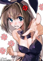Rule 34 | 1girl, alternate costume, anger vein, animal ears, aozaki aoko, asakou (n morninglight), bare shoulders, black bow, black bowtie, black leotard, blue eyes, blush, bow, bowtie, breasts, brown hair, bunny day, cleavage, commentary request, detached collar, fake animal ears, fingernails, fishnet pantyhose, fishnets, hair intakes, highres, leotard, long hair, mahou tsukai no yoru, medium breasts, pantyhose, playboy bunny, pointing, pointing at viewer, rabbit ears, signature, simple background, solo, strapless, strapless leotard, sweatdrop, tearing up, teeth, twitter username, very long hair, white background
