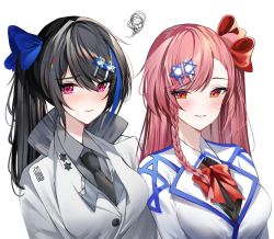 Rule 34 | 2girls, asymmetrical hair, bad id, bad pixiv id, black hair, black neckwear, blue bow, bow, braid, breasts, closed mouth, collared jacket, girls&#039; frontline, hair bow, hair ornament, hairclip, hei d, hexagram, jacket, jericho (girls&#039; frontline), large breasts, lips, long hair, looking at viewer, multicolored hair, multiple girls, negev (girls&#039; frontline), orange eyes, pink eyes, pink hair, red bow, simple background, single braid, smile, squiggle, star of david, streaked hair, user pkgd2223, white background, white jacket