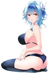 Rule 34 | 1girl, :o, absurdres, ass, bare arms, bikini, black bikini, black thighhighs, blue hair, blunt bangs, blush, breasts, brown eyes, butt crack, commentary request, eula (genshin impact), genshin impact, hair between eyes, hair ornament, hair ribbon, highres, large breasts, liyaku, looking at viewer, medium hair, nail polish, open mouth, ribbon, sideboob, simple background, sitting, solo, swimsuit, thighhighs, thighs, wariza, white background