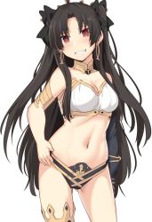 Rule 34 | 1girl, black hair, blush, breasts, cleavage, earrings, fate/grand order, fate (series), gluteal fold, groin tendon, hand on own hip, hoop earrings, ishtar (fate), ishtar (fate), jewelry, long hair, medium breasts, navel, red eyes, shiseki hirame, smile, solo, thighs, twintails, white background