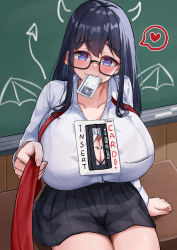 Rule 34 | 1girl, absurdres, arrow (symbol), blue eyes, blue hair, blush, body writing, breasts, button, button gap, chalkboard, cleavage, english text, fang, glasses, heart, highres, huge breasts, id card, iro (boo iro), long hair, necktie, paizuri invitation, pocket, pulling at clothes, shirt, shirt pocket, skirt, spoken heart, tooth