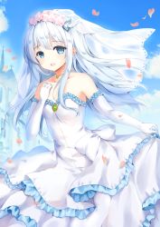 Rule 34 | 1girl, :d, blue eyes, breasts, bridal veil, cherry blossoms, cloud, cloudy sky, collarbone, day, dress, elbow gloves, floating hair, flower, gloves, head wreath, highres, jewelry, kuuki shoujo, layered dress, long hair, mafuyu (kanden shoujyo), necklace, open mouth, outdoors, pink flower, silver hair, skirt hold, sky, sleeveless, sleeveless dress, small breasts, smile, solo, standing, strapless, strapless dress, the personification of atmosphere, veil, very long hair, wedding dress, white dress, white gloves