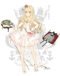Rule 34 | 1girl, :&lt;, anchor, azur lane, blonde hair, blue eyes, blush, chain, character name, choker, closed mouth, collarbone, crown, curly hair, dress, full body, gloves, hand on own hip, head wreath, highres, jewelry, jingzhongyin, long hair, mini crown, necklace, queen elizabeth (azur lane), ribbon choker, scepter, silhouette, standing, turret, veil, very long hair, white background, white dress, white footwear, white gloves
