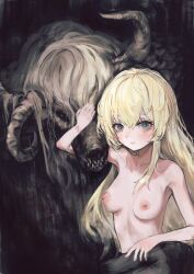Rule 34 | 1boy, 1girl, absurdres, bare shoulders, beast adam (black souls), beauty la belle (black souls), black souls, blonde hair, blue eyes, breasts, closed mouth, fangs, hand around waist, hand on another&#039;s head, highres, horns, long hair, looking at viewer, medium breasts, nipples, ropeperson, smile, snout, topless