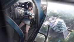Rule 34 | 1girl, absurdres, aircraft, bags under eyes, bandaid, bandaid on knee, bandaid on leg, black footwear, black hair, choker, closed mouth, exia (nikke), feet, goddess of victory: nikke, hair between eyes, handheld game console, headset, helicopter, highres, holding, holding handheld game console, jacket, long hair, off shoulder, official art, open clothes, open jacket, sandals, scenery, solo