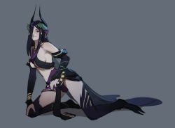 Rule 34 | 1girl, animal feet, bare shoulders, black eyes, black hair, breasts, cape, colored sclera, commentary, english commentary, full body, grey background, hair over one eye, hand on own knee, highres, horns, kneeling, long hair, looking at viewer, medium breasts, melaina (tarakanovich), monster girl, one eye covered, original, pelvic curtain, simple background, sketch, smile, solo, tarakanovich, yellow sclera