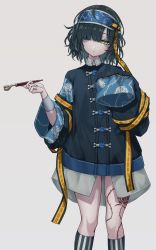Rule 34 | 1girl, absurdres, beige background, chinese clothes, closed mouth, feet out of frame, green hair, grey background, hands up, highres, holding, holding smoking pipe, indie virtual youtuber, jiangshi, kneehighs, kushinaka, leg tattoo, looking at viewer, one eye covered, patchwork skin, short hair, simple background, sleeves past fingers, sleeves past wrists, smoking pipe, socks, solo, standing, stitched arm, stitches, tattoo, virtual youtuber, yellow eyes, yosumi (vtuber)