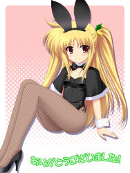 Rule 34 | 00s, 1girl, animal ears, bell, black footwear, blonde hair, blush, rabbit ears, playboy bunny, capelet, christmas, detached collar, fake animal ears, fate testarossa, fishnet pantyhose, fishnets, hair bell, hair ornament, halftone, halftone background, high heels, looking at viewer, lyrical nanoha, mahou shoujo lyrical nanoha, mahou shoujo lyrical nanoha a&#039;s, masakichi (crossroad), pantyhose, red eyes, shoes, smile, solo, twintails, wrist cuffs