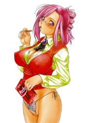 Rule 34 | 00s, 1girl, blush, breasts, chocolate, cleavage, covered erect nipples, cowboy shot, eating, food, glasses, hair up, highres, kazami mizuho, large breasts, legs, looking at viewer, nishitsuki tsutomu, no pants, onegai teacher, panties, pink hair, pocky, puffy nipples, purple eyes, side-tie panties, simple background, skindentation, solo, standing, sweets, thighs, underwear, white background