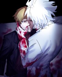 Rule 34 | 2boys, absurdres, atou haruki, black jacket, blonde hair, blood, blood on clothes, blood on hands, brown sweater, chinese commentary, commentary request, dbhid, hand on another&#039;s cheek, hand on another&#039;s face, highres, jacket, kanou aogu, lab coat, long sleeves, male focus, multiple boys, open clothes, open jacket, red eyes, saibou shinkyoku, short hair, sweat, sweater, turtleneck, turtleneck sweater, white hair, wide-eyed