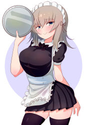 Rule 34 | 10s, 1girl, alternate costume, alternate eye color, apron, black bow, black bowtie, black dress, black thighhighs, bow, bowtie, circle, closed mouth, collared dress, commentary, contrapposto, cowboy shot, dress, enmaided, frilled apron, frills, girls und panzer, green eyes, highres, holding, itsumi erika, kemu (guruguru dan), long hair, looking at viewer, maid, maid apron, maid headdress, pleated dress, puffy short sleeves, puffy sleeves, short dress, short sleeves, silver hair, skindentation, smile, solo, standing, thighhighs, tray, white apron