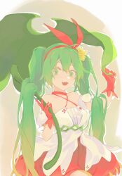 Rule 34 | 1girl, :d, ahoge, bare shoulders, blonde hair, breasts, choker, cleavage, fang, flower, gloves, gradient hair, green eyes, hair between eyes, hairband, halterneck, hatsune miku, highres, holding, leaf umbrella, light green hair, long hair, medium breasts, multicolored hair, open mouth, red choker, red gloves, red hairband, red ribbon, red skirt, ribbon, shirt, skin fang, skirt, smile, solo, twintails, two-tone hair, very long hair, virno, vocaloid, white shirt, yellow flower