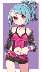 Rule 34 | 1girl, 7th dragon (series), 7th dragon 2020, 7th dragon 2020-ii, bare shoulders, black jacket, black shorts, blue hair, blush, bustier, closed mouth, collar, collarbone, commentary request, diagonal stripes, eyebrows hidden by hair, highres, jacket, long sleeves, looking at viewer, naga u, navel, off shoulder, open clothes, open jacket, ponytail, purple background, purple collar, purple eyes, sakuraba izumi, short shorts, shorts, solo, striped, two-tone background, v-shaped eyebrows, white background