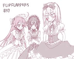 Rule 34 | blush, blush stickers, bonnet, bow, center frills, copyright name, corset, crossed arms, dress, embarrassed, flip flappers, frilled bow, frilled dress, frilled hairband, frills, hairband, kokomine cocona, lolita fashion, lolita hairband, monochrome, papika (flip flappers), puffy short sleeves, puffy sleeves, ribbon-trimmed sleeves, ribbon trim, short sleeves, simple background, sou (mgn), sweatdrop, wavy mouth, white background, yayaka