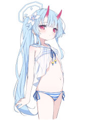 1girl bikini blue_archive blue_hair blue_halo blush chise_(blue_archive) chise_(swimsuit)_(blue_archive) closed_mouth commentary cram960 english_commentary flat_chest flower hair_flower hair_ornament halo highres horns long_hair looking_at_viewer navel official_alternate_costume ponytail red_eyes red_horns side-tie_bikini_bottom solo striped_bikini striped_clothes swimsuit