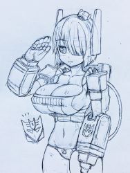 Rule 34 | 1girl, bikini, blunt bangs, breasts, cannon, cleavage, decepticon, hair over one eye, highres, large breasts, looking at viewer, mecha musume, monochrome, navel, personification, salute, shockwave (transformers), short hair, simple background, sketch, solo, soundwave (transformers), swimsuit, transformers, tsuji santa, white background