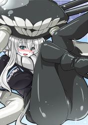 Rule 34 | 10s, 1girl, abyssal ship, ass, bad id, bad pixiv id, blue eyes, blush, breasts, colored skin, employee uniform, familymart, familymart, hat, headgear, juurouta, kantai collection, large breasts, long hair, monster, open mouth, pale skin, pants, silver hair, solo, teeth, tentacles, turret, uniform, white skin, wo-class aircraft carrier