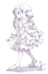 Rule 34 | 1girl, bracelet, crescent, dress, from side, hat, jewelry, long hair, monochrome, patchouli knowledge, purple theme, sandals, slippers, solo, torn clothes, touhou, uni mate, walking