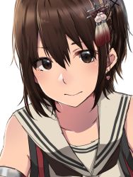 Rule 34 | 10s, 1girl, brown eyes, brown hair, closed mouth, earrings, hair between eyes, jewelry, kantai collection, rinto (rint rnt), sailor collar, school uniform, sendai (kancolle), sendai kai ni (kancolle), serafuku, short hair, simple background, sleeveless, solo, white background, white sailor collar