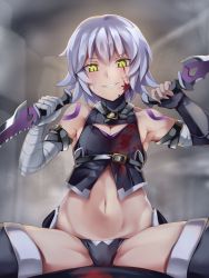 Rule 34 | 1girl, absurdres, arm belt, bandaged arm, bandages, bare shoulders, black panties, blush, breasts, cameltoe, dagger, dual wielding, facial scar, fate/apocrypha, fate (series), female focus, gloves, green eyes, highres, holding, holding dagger, holding knife, holding weapon, jack the ripper (fate/apocrypha), knife, koizumo, looking at viewer, lowleg, lowleg panties, navel, panties, scar, scar across eye, scar on cheek, scar on face, short hair, shoulder tattoo, simple background, single glove, sitting, small breasts, smile, solo, spread legs, tattoo, thighhighs, underwear, weapon, white background, white hair