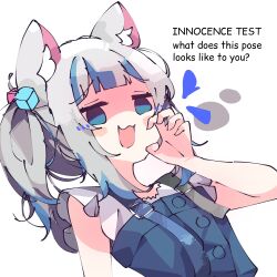 Rule 34 | 1girl, :3, animal ear fluff, animal ears, blue eyes, blue hair, blush stickers, cat ears, claw pose, cube hair ornament, english text, gawr gura, gawr gura (casual), grey hair, hair ornament, hand up, highres, hololive, hololive english, jitome, koyoinacho, looking at viewer, multicolored hair, official alternate costume, sketch, solo, streaked hair, suspenders, upper body, virtual youtuber