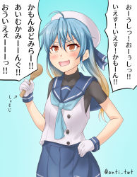 Rule 34 | 1girl, anti (untea9), black shirt, blue background, blue hair, blue neckerchief, blue sailor collar, blue skirt, blush, commentary request, cowboy shot, gloves, gradient background, gradient hair, hair between eyes, hand on own hip, hat, highres, holding, kantai collection, long hair, multicolored hair, neckerchief, one-hour drawing challenge, open mouth, pleated skirt, red eyes, sado (kancolle), sailor collar, sailor hat, school uniform, serafuku, shirt, shirt under shirt, short sleeves, skirt, sleeveless, sleeveless shirt, solo, spoon, twitter username, undershirt, uniform, white gloves, white hat, white shirt