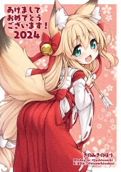 Rule 34 | 1girl, 2024, 20s, absurdres, animal ear fluff, animal ears, aqua eyes, arrow (projectile), ass, bell, blonde hair, bow, commentary request, fang, fox ears, fox girl, fox tail, hair bell, hair between eyes, hair bow, hair ornament, happy new year, highres, holding, japanese clothes, jingle bell, kinomiki nobori, long hair, maid, new year, open mouth, original, red bow, skin fang, solo, tail, translation request, wa maid