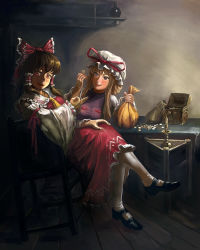 Rule 34 | 2girls, alternate hairstyle, amibazh, arm ribbon, ascot, bag, black footwear, blonde hair, blush, bow, brown hair, candle, candlestand, chair, coin, commentary, crossed legs, detached sleeves, dress, frilled shirt collar, frills, gold, hair bow, hair tubes, hair up, hakurei reimu, half-closed eyes, hand gesture, hat, hat ribbon, holding, holding coin, indoors, leaning back, looking at viewer, mob cap, multiple girls, purple eyes, red eyes, red shirt, red skirt, ribbon, ribbon-trimmed sleeves, ribbon trim, shirt, sidelocks, sitting, skirt, sleeveless, sleeveless shirt, smile, smug, tabard, table, tongue, tongue out, touhou, treasure chest, white dress, white legwear, wide sleeves, yakumo yukari